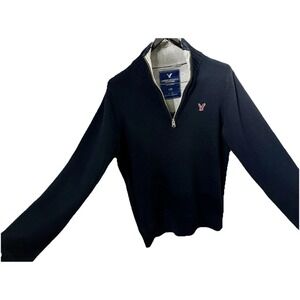 Y2K American Eagle Sweater Men L Blue 1/4 Zip Knit Pullover Wool Blend Preppy